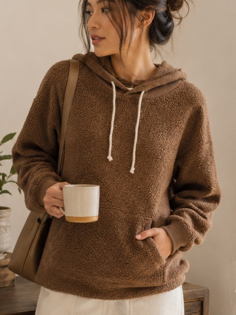 Madewell Brown Sherpa Cotton Hoodie Size M 90s Minimalist Clean‎ Girl Loungewear